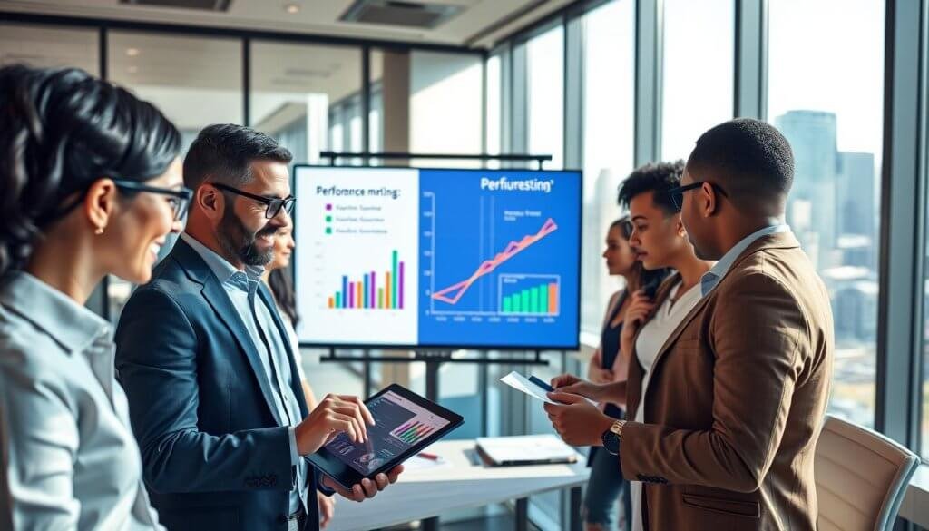 A modern office conference room scene focusing on a diverse group of professionals discussing outcome-based pricing strategies. In the foreground, two individuals in business attire, one analyzing performance metrics on a digital tablet, the other sketching insights on a glass whiteboard. In the middle, a presentation screen displays colorful graphs illustrating correlation between incentives and performance metrics, with vibrant colors enhancing clarity. The background shows large windows with city skyline views, casting soft natural light into the room, creating a dynamic and optimistic atmosphere. The camera angle is slightly elevated, capturing the engaged expressions of the team and a sense of collaboration. The overall mood is focused and forward-thinking, emphasizing alignment in business strategy. A modern office conference room scene focusing on a diverse group of professionals discussing outcome-based pricing strategies. In the foreground, two individuals in business attire, one analyzing performance metrics on a digital tablet, the other sketching insights on a glass whiteboard. In the middle, a presentation screen displays colorful graphs illustrating correlation between incentives and performance metrics, with vibrant colors enhancing clarity. The background shows large windows with city skyline views, casting soft natural light into the room, creating a dynamic and optimistic atmosphere. The camera angle is slightly elevated, capturing the engaged expressions of the team and a sense of collaboration. The overall mood is focused and forward-thinking, emphasizing alignment in business strategy.