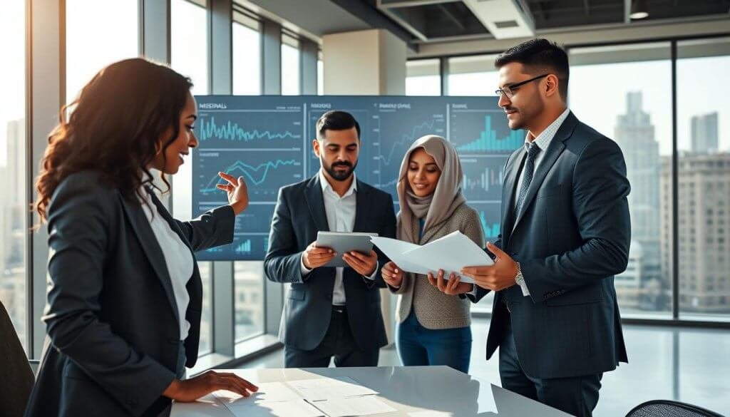A modern office environment featuring a diverse group of business professionals engaged in a discussion around a large digital screen displaying complex data signals and metrics. In the foreground, a Black woman in a smart blazer points to a graph, while a Hispanic man in business casual attire takes notes on a tablet. The middle ground shows two other colleagues, a Middle-Eastern woman and a Caucasian man, reviewing documents and exchanging ideas. The background of the image showcases large windows overlooking a cityscape, with natural sunlight illuminating the workspace. The mood is collaborative and focused, emphasizing the importance of data-driven strategies in industrial SaaS sales. The image should have a clean, sharp focus with subtle depth of field to highlight the professionals without distracting elements.