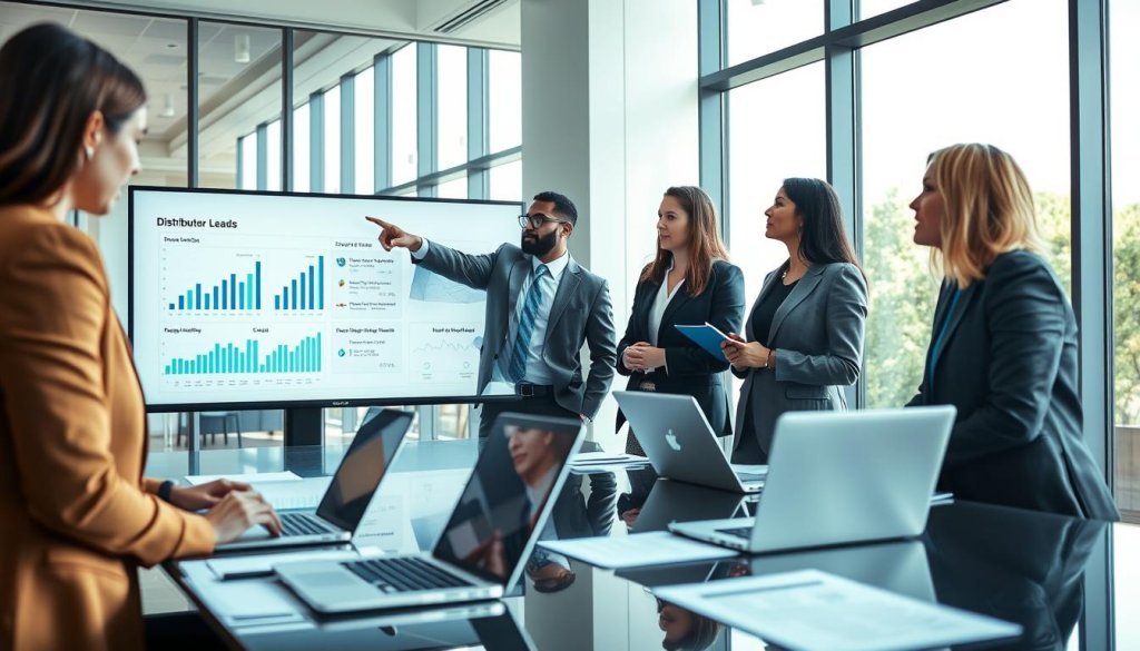 A modern office environment featuring a diverse group of professionals in business attire engaged in a discussion around a large digital screen displaying charts and graphs related to distributor leads. In the foreground, a confident woman points to the screen, illustrating key data points, while a man beside her takes notes. The middle ground showcases a polished conference table with laptops and paperwork neatly arranged, emphasizing organization and professionalism. The background reveals large windows allowing natural light to flood the space, creating a bright and inviting atmosphere. The angle captures the team’s collaborative spirit, suggesting focus and intent on data accuracy and lead quality. The overall mood is one of innovation and teamwork, highlighting the importance of reliable information in global sales strategies. A modern office environment featuring a diverse group of professionals in business attire engaged in a discussion around a large digital screen displaying charts and graphs related to distributor leads. In the foreground, a confident woman points to the screen, illustrating key data points, while a man beside her takes notes. The middle ground showcases a polished conference table with laptops and paperwork neatly arranged, emphasizing organization and professionalism. The background reveals large windows allowing natural light to flood the space, creating a bright and inviting atmosphere. The angle captures the team’s collaborative spirit, suggesting focus and intent on data accuracy and lead quality. The overall mood is one of innovation and teamwork, highlighting the importance of reliable information in global sales strategies.