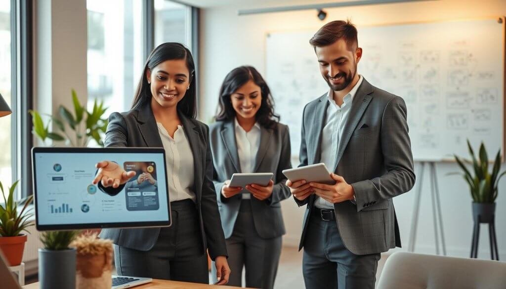 A modern office environment featuring a diverse team of professionals collaborating on home service software solutions. In the foreground, a South Asian woman in a smart business outfit gestures toward a laptop displaying workflow diagrams, symbolizing AI integration. Next to her, a Caucasian man in business casual attire is taking notes on a digital tablet. In the middle ground, there are large windows allowing natural light to flood in, with potted plants adding a touch of warmth. The background features a sleek whiteboard filled with brainstorming ideas, emphasizing teamwork and innovation. The atmosphere is upbeat and collaborative, with warm lighting and a contemporary color palette that conveys a sense of progress and efficiency.
