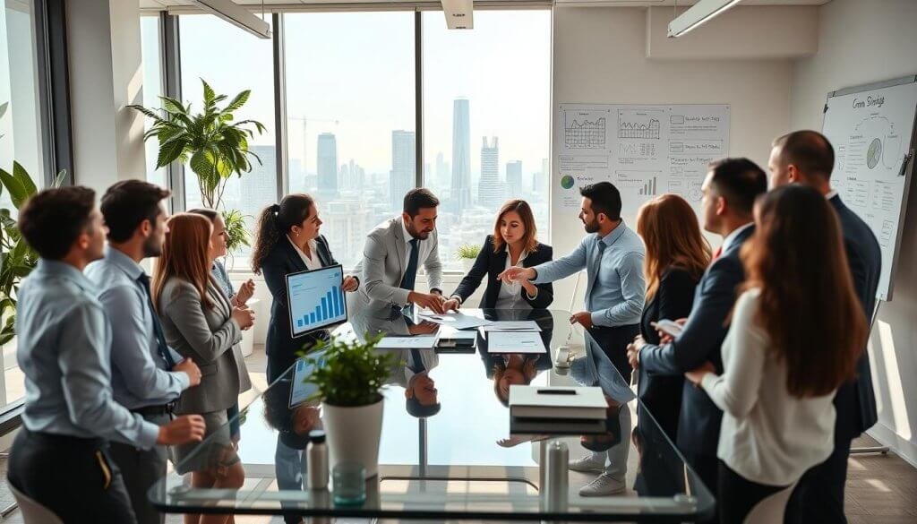A modern office environment filled with professionals engaged in a lively strategy meeting. In the foreground, a diverse group of business people, dressed in professional business attire, are interacting around a sleek glass conference table, pointing at a digital screen displaying graphs and metrics. In the middle, a well-lit room with large windows showcasing a city skyline, filled with plants and minimalist decor. The atmosphere is dynamic and focused, with natural light streaming in, casting a warm glow. The background features a large whiteboard filled with brainstorming notes and strategy outlines. The scene conveys collaboration, innovation, and a strong focus on outcome-based pricing strategies, reflecting the theme of successful sales-led implementation. A modern office environment filled with professionals engaged in a lively strategy meeting. In the foreground, a diverse group of business people, dressed in professional business attire, are interacting around a sleek glass conference table, pointing at a digital screen displaying graphs and metrics. In the middle, a well-lit room with large windows showcasing a city skyline, filled with plants and minimalist decor. The atmosphere is dynamic and focused, with natural light streaming in, casting a warm glow. The background features a large whiteboard filled with brainstorming notes and strategy outlines. The scene conveys collaboration, innovation, and a strong focus on outcome-based pricing strategies, reflecting the theme of successful sales-led implementation.