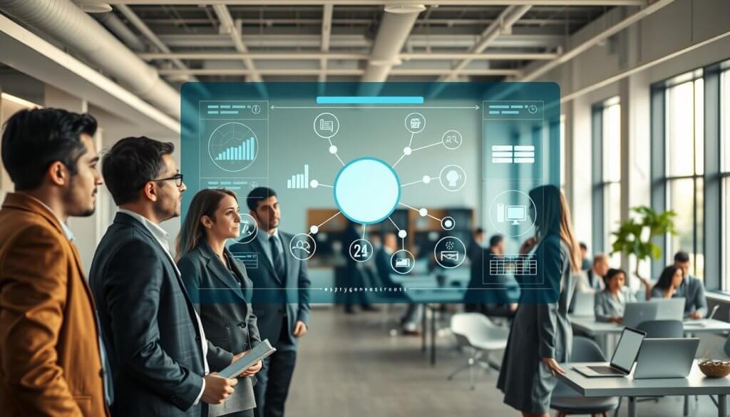 A modern office environment illustrating a supply chain visualization. In the foreground, a diverse group of professionals in business attire discussing a digital dashboard, analyzing key metrics and graphs related to lead generation. The middle ground features a large, transparent screen displaying interconnected nodes representing various components of the supply chain, including logistics, inventory, and sales processes. The background shows a bustling workspace with team members collaborating over laptops and engaging in brainstorming sessions. Soft, natural lighting illuminates the scene from large windows, casting a warm glow and creating a productive atmosphere. The angle should evoke a sense of teamwork and innovation, emphasizing the importance of strategic qualification in lead generation.