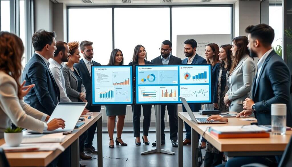 A modern office environment in the foreground, featuring a diverse group of professionals engaged in a data hygiene workshop. The individuals, dressed in smart business attire, are collaborating around a digital display showing clean datasets and visual analytics. In the middle ground, office desks are cluttered with data sheets, laptops, and visualization tools, while a whiteboard displays graphs and notes on targeting strategies. The background includes large windows letting in natural light, creating a bright and inviting atmosphere. The overall mood is productive and innovative, highlighting the importance of data accuracy and targeting in successful campaigns. The scene should be captured with a medium focus lens, maintaining clarity on both the professionals and the digital displays. A modern office environment in the foreground, featuring a diverse group of professionals engaged in a data hygiene workshop. The individuals, dressed in smart business attire, are collaborating around a digital display showing clean datasets and visual analytics. In the middle ground, office desks are cluttered with data sheets, laptops, and visualization tools, while a whiteboard displays graphs and notes on targeting strategies. The background includes large windows letting in natural light, creating a bright and inviting atmosphere. The overall mood is productive and innovative, highlighting the importance of data accuracy and targeting in successful campaigns. The scene should be captured with a medium focus lens, maintaining clarity on both the professionals and the digital displays.