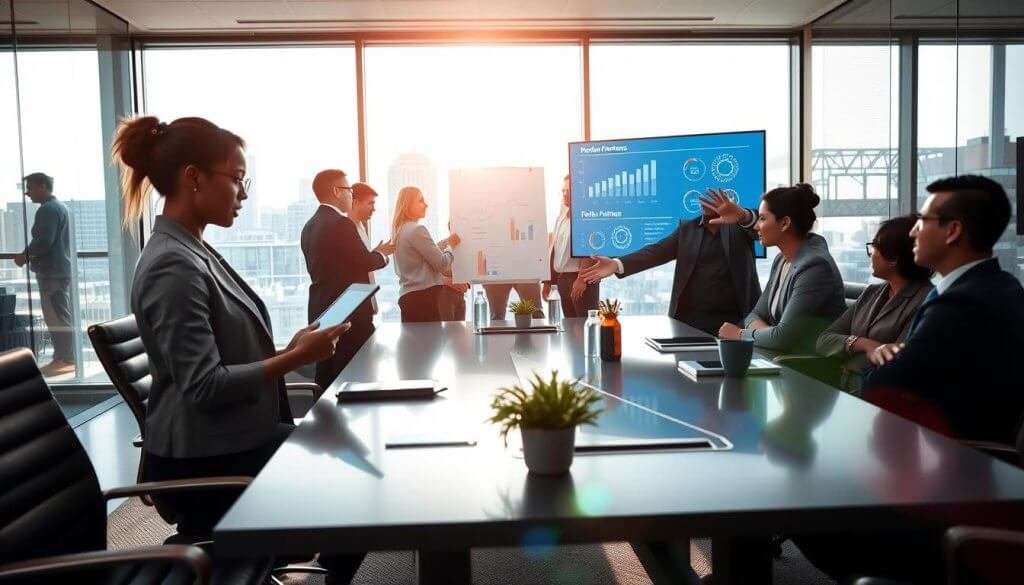 A modern office environment serves as the backdrop, featuring a sleek conference table surrounded by diverse professionals engaged in a partnership discussion. In the foreground, a woman in smart business attire reviews a presentation on a tablet, while a man in a tailored suit gestures towards a digital screen displaying data analytics of potential partners. The middle ground showcases a group engaged in a brainstorming session, surrounded by charts, graphs, and digital tools. Bright, natural lighting filters through large windows, creating a productive atmosphere. A subtle lens flare adds a touch of dynamism, emphasizing collaboration and innovation. The mood conveys determination and focus, symbolizing the importance of selecting the right partner for enhancing business outcomes. A modern office environment serves as the backdrop, featuring a sleek conference table surrounded by diverse professionals engaged in a partnership discussion. In the foreground, a woman in smart business attire reviews a presentation on a tablet, while a man in a tailored suit gestures towards a digital screen displaying data analytics of potential partners. The middle ground showcases a group engaged in a brainstorming session, surrounded by charts, graphs, and digital tools. Bright, natural lighting filters through large windows, creating a productive atmosphere. A subtle lens flare adds a touch of dynamism, emphasizing collaboration and innovation. The mood conveys determination and focus, symbolizing the importance of selecting the right partner for enhancing business outcomes.