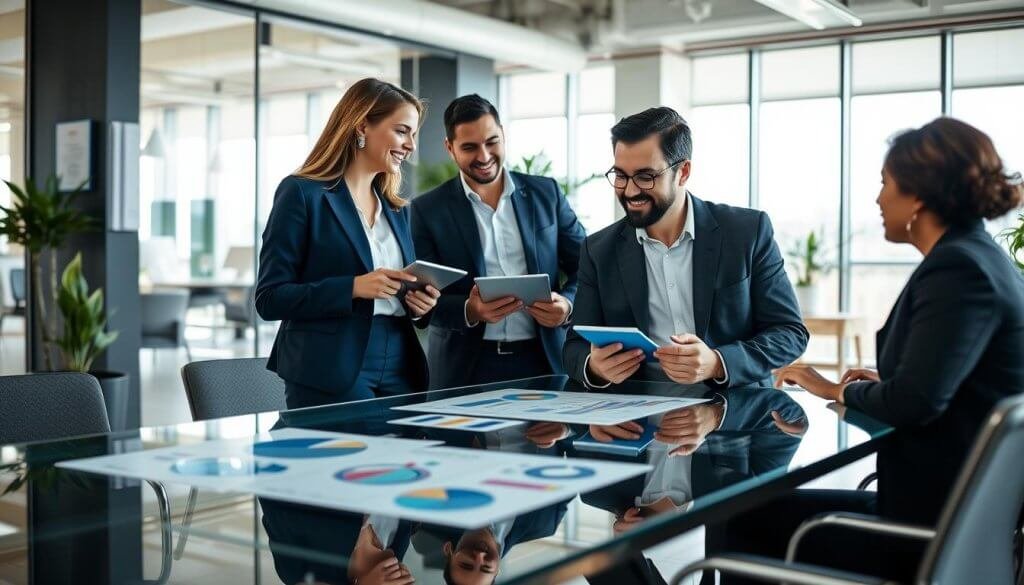 A modern office environment showcases a diverse group of professionals engaged in a dynamic discussion about compliance software solutions. The foreground features two business people, a woman in a tailored navy suit and a man in a crisp white shirt with a dark blazer, animatedly exchanging ideas while analyzing a digital tablet. In the middle ground, a sleek glass conference table displays charts and data visualizations representing qualified conversations and AI SaaS analytics. The background reveals a bright, airy office space with large windows allowing natural light to flood in, reflecting a collaborative and innovative atmosphere. Subtle details like modern decor, plants, and digital displays enhance the professional yet inviting mood, captured from a slightly elevated angle to emphasize the team dynamics. A modern office environment showcases a diverse group of professionals engaged in a dynamic discussion about compliance software solutions. The foreground features two business people, a woman in a tailored navy suit and a man in a crisp white shirt with a dark blazer, animatedly exchanging ideas while analyzing a digital tablet. In the middle ground, a sleek glass conference table displays charts and data visualizations representing qualified conversations and AI SaaS analytics. The background reveals a bright, airy office space with large windows allowing natural light to flood in, reflecting a collaborative and innovative atmosphere. Subtle details like modern decor, plants, and digital displays enhance the professional yet inviting mood, captured from a slightly elevated angle to emphasize the team dynamics.