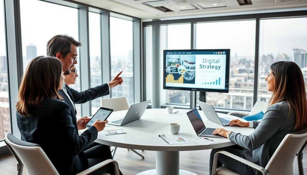 A modern office environment showcasing a diverse group of professionals engaging in a collaborative brainstorming session. In the foreground, a female executive in a smart business suit is pointing at a digital strategy presentation displayed on a sleek screen, her expression focused and enthusiastic. To the left, two colleagues, one male and one female, are actively discussing ideas while taking notes on their tablets. The middle layer features a large round table surrounded by modern chairs, with laptops, coffee cups, and charts scattered about. In the background, large windows allow natural light to flood the room, revealing a city skyline. The overall atmosphere is dynamic and innovative, reflecting a strategic shift in lead generation approaches. The lighting is bright yet soft, creating an inviting and professional ambiance. A modern office environment showcasing a diverse group of professionals engaging in a collaborative brainstorming session. In the foreground, a female executive in a smart business suit is pointing at a digital strategy presentation displayed on a sleek screen, her expression focused and enthusiastic. To the left, two colleagues, one male and one female, are actively discussing ideas while taking notes on their tablets. The middle layer features a large round table surrounded by modern chairs, with laptops, coffee cups, and charts scattered about. In the background, large windows allow natural light to flood the room, revealing a city skyline. The overall atmosphere is dynamic and innovative, reflecting a strategic shift in lead generation approaches. The lighting is bright yet soft, creating an inviting and professional ambiance.