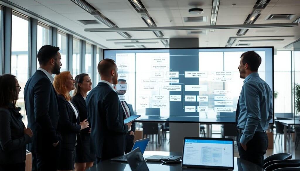 A modern office environment showcasing a flowchart of progressive delegation workflows. In the foreground, a diverse group of professionals in smart business attire, engaged in a discussion around a large digital touchscreen displaying intricate diagrams. In the middle, elements of technology such as laptops and digital devices emphasize collaboration, while transparent screens showcase workflow processes, illustrating task delegation and decision-making hierarchies. The background features a sleek, contemporary office space with large windows letting in natural light, casting soft shadows that create a warm, inviting atmosphere. The overall mood is focused and innovative, capturing the essence of teamwork and strategic planning in a corporate setting, with a lens angle highlighting both the individuals and the dynamic workspace.