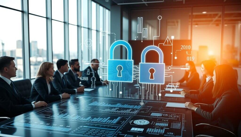 A modern office environment showcasing a large conference table surrounded by diverse professionals in business attire, deeply engaged in discussion about data privacy regulations. In the foreground, a digital device displays complex charts and graphs representing compliance metrics. In the middle ground, a holographic projection illustrates interlocking padlocks and data streams symbolizing security and privacy. The background features sleek windows with a city skyline view, illuminated by soft, natural light. The mood is focused and collaborative, emphasizing the seriousness of navigating data privacy complexities. The camera angle is slightly elevated, capturing the professional atmosphere while highlighting the intricate visuals of the data being discussed. A modern office environment showcasing a large conference table surrounded by diverse professionals in business attire, deeply engaged in discussion about data privacy regulations. In the foreground, a digital device displays complex charts and graphs representing compliance metrics. In the middle ground, a holographic projection illustrates interlocking padlocks and data streams symbolizing security and privacy. The background features sleek windows with a city skyline view, illuminated by soft, natural light. The mood is focused and collaborative, emphasizing the seriousness of navigating data privacy complexities. The camera angle is slightly elevated, capturing the professional atmosphere while highlighting the intricate visuals of the data being discussed.