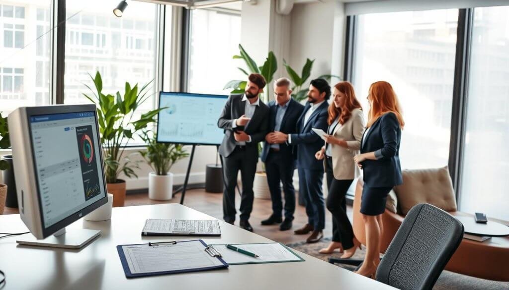 A modern office environment showcasing essential features for service businesses. In the foreground, a well-organized workspace with a sleek desk, a computer displaying workflow software, and a clipboard with checklists. In the middle, a diverse group of professionals in business attire collaborating, pointing at a digital screen showing analytics and scheduling software. In the background, large windows with natural light pouring in, plants adding a touch of greenery, and modern furniture enhancing the atmosphere. The scene conveys a sense of productivity and teamwork, with a warm color palette and soft shadows to create an inviting mood. Capture the image from a slightly elevated angle to encompass the entire workspace dynamic. No text or logos should be included.
