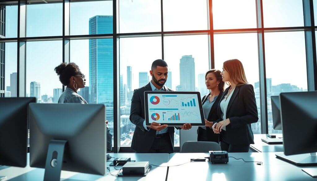 A modern office environment showcasing professionals collaborating on digital systems that enhance scalability without increasing workforce size. In the foreground, a diverse group of three individuals (a Black woman, a Hispanic man, and a Caucasian woman) dressed in smart business attire, are engaged in a discussion around a large digital tablet displaying complex charts and graphs. In the middle ground, sleek desks with computers and monitors depict advanced technology, reflecting productivity. The background features large glass windows with a view of a bustling city skyline under a bright, clear blue sky, emphasizing growth and opportunity. Soft, natural lighting filters through, creating an upbeat and innovative atmosphere, captured with a slightly elevated angle to give a panoramic view of the collaborative space.