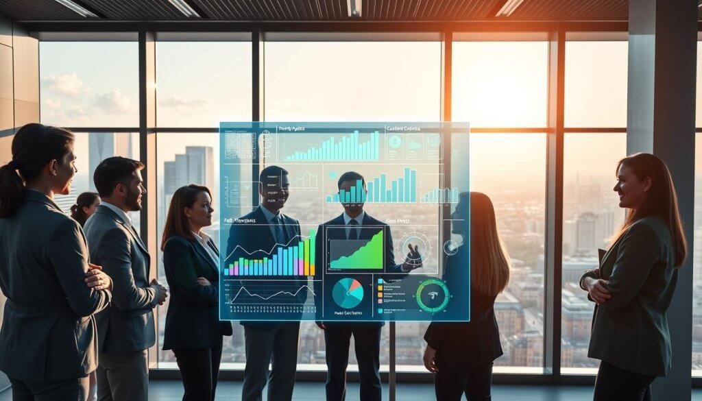 A modern office environment with a sleek, high-tech feel. In the foreground, a diverse group of professional individuals in business attire engage in a collaborative discussion around a large digital touchscreen displaying vibrant graphs and charts related to AI Vertical SaaS. The middle layer features floating holographic elements that represent data analytics and workflow automation in niche industries, illuminating the scene with a blue and green glow. In the background, large windows showcase a city skyline under a bright, sunny sky, contributing to a positive and dynamic atmosphere. The lighting is bright and crisp, with a focus on clarity and innovation, creating an inspirational mood that embodies growth and technological advancement. A modern office environment with a sleek, high-tech feel. In the foreground, a diverse group of professional individuals in business attire engage in a collaborative discussion around a large digital touchscreen displaying vibrant graphs and charts related to AI Vertical SaaS. The middle layer features floating holographic elements that represent data analytics and workflow automation in niche industries, illuminating the scene with a blue and green glow. In the background, large windows showcase a city skyline under a bright, sunny sky, contributing to a positive and dynamic atmosphere. The lighting is bright and crisp, with a focus on clarity and innovation, creating an inspirational mood that embodies growth and technological advancement.
