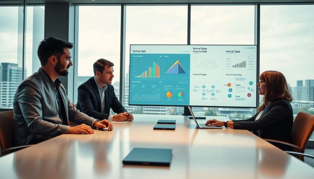 A modern office scene focused on vertical SaaS tools for niche industries. In the foreground, a diverse group of three professionals—two men and one woman—are engaged in a collaborative discussion around a sleek conference table, all dressed in professional business attire. The middle ground features a large screen displaying intricate graphs and workflow diagrams related to vertical SaaS strategies, emphasizing technology integration. The background reveals a cityscape through large glass windows, symbolizing growth and opportunity. Soft, ambient lighting enhances the atmosphere, while a high-angle perspective captures the dynamic interaction between the team and technology, conveying an innovative and forward-thinking mood. A modern office scene focused on vertical SaaS tools for niche industries. In the foreground, a diverse group of three professionals—two men and one woman—are engaged in a collaborative discussion around a sleek conference table, all dressed in professional business attire. The middle ground features a large screen displaying intricate graphs and workflow diagrams related to vertical SaaS strategies, emphasizing technology integration. The background reveals a cityscape through large glass windows, symbolizing growth and opportunity. Soft, ambient lighting enhances the atmosphere, while a high-angle perspective captures the dynamic interaction between the team and technology, conveying an innovative and forward-thinking mood.