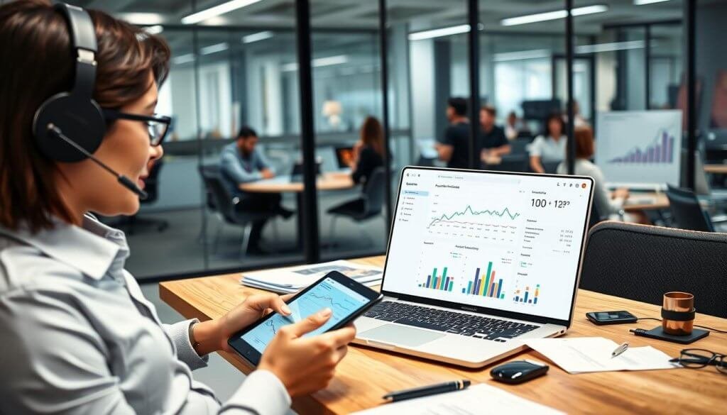 A modern office scene illustrating the concept of "booked calls and SQLs." In the foreground, a professional, engaged individual dressed in business attire is seen speaking on a headset, taking notes on a digital tablet. In the middle, a sleek desk is cluttered with spreadsheets, graphs, and a high-tech laptop displaying performance metrics on an intuitive dashboard with colorful charts. In the background, a glass wall reveals a bustling office space with other professionals conducting meetings and collaborating, exuding a dynamic atmosphere. The lighting is bright and inviting, emphasizing clarity and focus, while a slight blur effect conveys depth, drawing attention to the foreground activities, creating a vibrant, success-driven mood. A modern office scene illustrating the concept of "booked calls and SQLs." In the foreground, a professional, engaged individual dressed in business attire is seen speaking on a headset, taking notes on a digital tablet. In the middle, a sleek desk is cluttered with spreadsheets, graphs, and a high-tech laptop displaying performance metrics on an intuitive dashboard with colorful charts. In the background, a glass wall reveals a bustling office space with other professionals conducting meetings and collaborating, exuding a dynamic atmosphere. The lighting is bright and inviting, emphasizing clarity and focus, while a slight blur effect conveys depth, drawing attention to the foreground activities, creating a vibrant, success-driven mood.