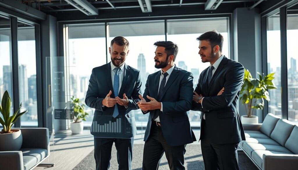 A modern office scene illustrating "value visibility for outcome-based pricing." In the foreground, a diverse team of three professionals (two men and one woman) dressed in smart business attire, engaged in a discussion, examining a transparent digital screen displaying graphs and key performance indicators. The middle background features sleek furniture and a large window overlooking a city skyline with bright daylight streaming in, casting soft shadows. The atmosphere conveys collaboration and innovation, with cool colors and a touch of green plants for freshness. Use a wide-angle lens to capture the workspace dynamic, emphasizing the digital interface's transparency and the professionals' expressions of focus and determination. A modern office scene illustrating "value visibility for outcome-based pricing." In the foreground, a diverse team of three professionals (two men and one woman) dressed in smart business attire, engaged in a discussion, examining a transparent digital screen displaying graphs and key performance indicators. The middle background features sleek furniture and a large window overlooking a city skyline with bright daylight streaming in, casting soft shadows. The atmosphere conveys collaboration and innovation, with cool colors and a touch of green plants for freshness. Use a wide-angle lens to capture the workspace dynamic, emphasizing the digital interface's transparency and the professionals' expressions of focus and determination.