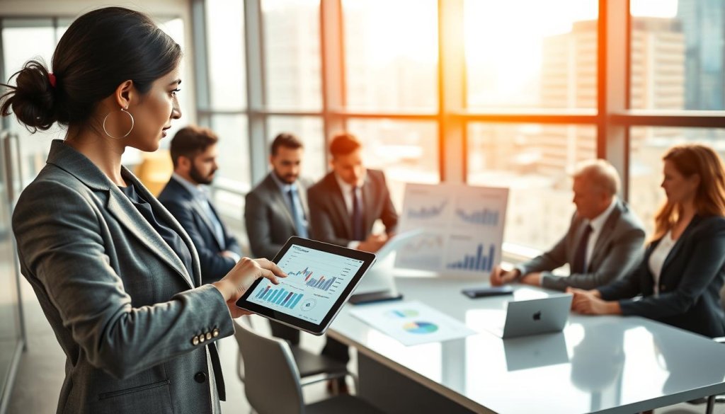 A modern office setting featuring a diverse group of business professionals engaged in a discussion about lead generation strategies. In the foreground, a South Asian woman in professional attire points to a digital tablet displaying analytics. In the middle, a mixed group of men and women, dressed in business suits, gather around a sleek conference table, reviewing charts and market insights. The background showcases a large window with a cityscape view, letting in warm, natural sunlight that creates an inviting atmosphere. The mood is collaborative and focused, emphasizing teamwork and strategy. The image should be composed with a slight depth-of-field effect to highlight the foreground while softly blurring the background, creating a professional, dynamic ambiance. A modern office setting featuring a diverse group of business professionals engaged in a discussion about lead generation strategies. In the foreground, a South Asian woman in professional attire points to a digital tablet displaying analytics. In the middle, a mixed group of men and women, dressed in business suits, gather around a sleek conference table, reviewing charts and market insights. The background showcases a large window with a cityscape view, letting in warm, natural sunlight that creates an inviting atmosphere. The mood is collaborative and focused, emphasizing teamwork and strategy. The image should be composed with a slight depth-of-field effect to highlight the foreground while softly blurring the background, creating a professional, dynamic ambiance.