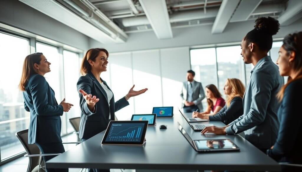 A modern office setting featuring a group of diverse professionals engaged in a collaborative discussion about sales development strategies. In the foreground, a confident businesswoman in professional attire gestures passionately as she shares ideas with her colleagues, who are listening intently. The middle layer includes a sleek conference table adorned with digital devices like tablets and laptops displaying charts and sales data. In the background, large windows let in natural light, illuminating the room and creating a bright atmosphere. Soft shadows add depth, while a subtle blue and gray color palette conveys a sense of professionalism. The angle captures the energy of the meeting, emphasizing collaboration and innovation in sales processes, reflecting the struggles of traditional sales development in scaling effectively. A modern office setting featuring a group of diverse professionals engaged in a collaborative discussion about sales development strategies. In the foreground, a confident businesswoman in professional attire gestures passionately as she shares ideas with her colleagues, who are listening intently. The middle layer includes a sleek conference table adorned with digital devices like tablets and laptops displaying charts and sales data. In the background, large windows let in natural light, illuminating the room and creating a bright atmosphere. Soft shadows add depth, while a subtle blue and gray color palette conveys a sense of professionalism. The angle captures the energy of the meeting, emphasizing collaboration and innovation in sales processes, reflecting the struggles of traditional sales development in scaling effectively.