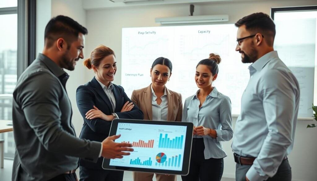 A modern office setting focused on field service management analysis. In the foreground, a diverse group of three professionals, one male and two females, dressed in smart business attire, are engaged in a discussion around a tablet displaying charts and analytics. The middle ground features a large screen with graphs depicting dispatch, scheduling, and capacity metrics, illuminated by soft, warm lighting to create a collaborative atmosphere. In the background, a whiteboard filled with strategic notes and flowcharts reflects a brainstorming session. The room is sleek and contemporary with minimalist decor, large windows allowing natural light to brighten the space, enhancing the feeling of productivity and focus. The overall mood is dynamic and focused, emphasizing evaluation and decision-making in field service software.