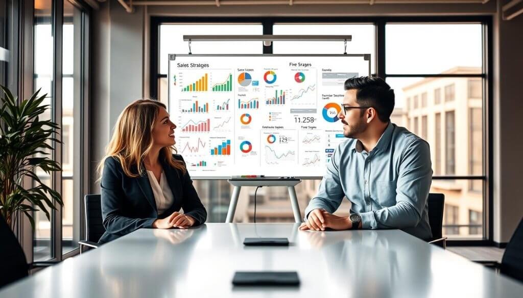 A modern office setting where two professionals engage in a focused and productive conversation about sales strategies. In the foreground, a diverse team of two individuals, one female in a smart blazer and the other male in a collared shirt, sit at a sleek conference table, leaning in with interest. The middle layer features a whiteboard filled with colorful sales metrics and diagrams, showcasing key performance indicators like SQLs and pipeline signals. In the background, large windows allow natural light to fill the room, creating a bright and inviting atmosphere. The scene captures a sense of collaboration, urgency, and success, with warm lighting highlighting the professionals’ expressions, conveying the importance of effective sales-ready conversations in achieving business goals. A modern office setting where two professionals engage in a focused and productive conversation about sales strategies. In the foreground, a diverse team of two individuals, one female in a smart blazer and the other male in a collared shirt, sit at a sleek conference table, leaning in with interest. The middle layer features a whiteboard filled with colorful sales metrics and diagrams, showcasing key performance indicators like SQLs and pipeline signals. In the background, large windows allow natural light to fill the room, creating a bright and inviting atmosphere. The scene captures a sense of collaboration, urgency, and success, with warm lighting highlighting the professionals’ expressions, conveying the importance of effective sales-ready conversations in achieving business goals.