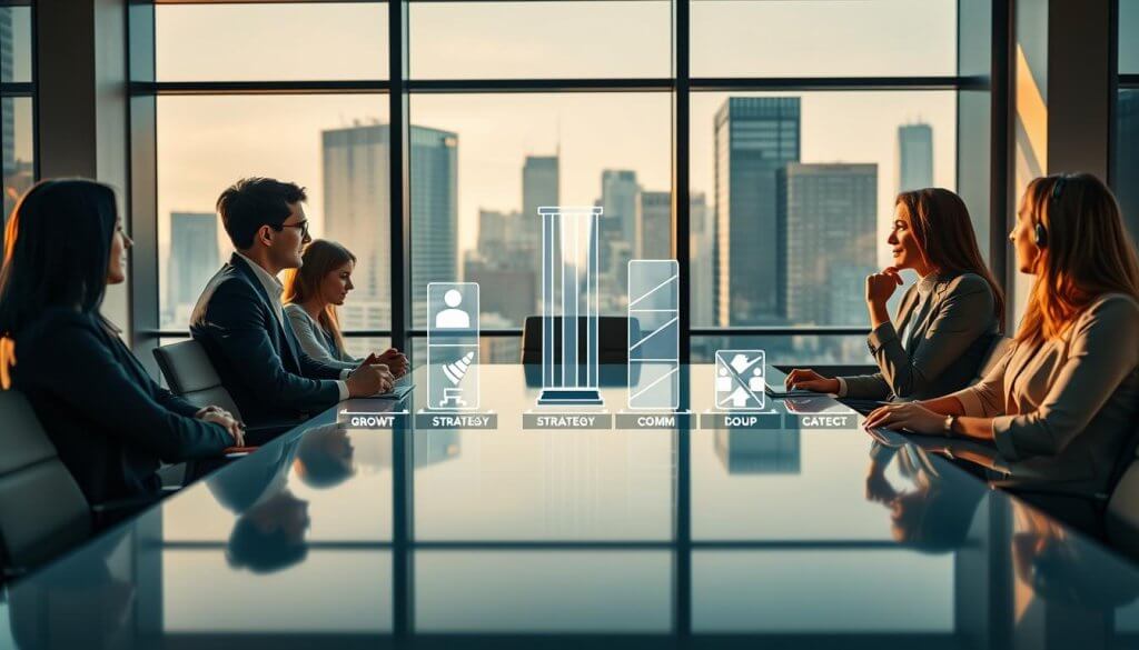 A modern office setting with strong visual elements representing "core pillars of outbound execution." In the foreground, a sleek conference table with professional businessmen and businesswomen in professional attire engaged in a strategic discussion, showcasing teamwork and collaboration. In the middle, graphical representations of pillars like growth, strategy, and communication, illustrated as tall, sturdy structures made of glass and steel, reflecting light. The background features a large window with a city skyline, indicating a bustling environment, bathed in warm, natural light that enhances the atmosphere of productivity and innovation. The angle is slightly elevated, giving a clear view of the discussions and the symbolic pillars, evoking a sense of focus and determination. A modern office setting with strong visual elements representing "core pillars of outbound execution." In the foreground, a sleek conference table with professional businessmen and businesswomen in professional attire engaged in a strategic discussion, showcasing teamwork and collaboration. In the middle, graphical representations of pillars like growth, strategy, and communication, illustrated as tall, sturdy structures made of glass and steel, reflecting light. The background features a large window with a city skyline, indicating a bustling environment, bathed in warm, natural light that enhances the atmosphere of productivity and innovation. The angle is slightly elevated, giving a clear view of the discussions and the symbolic pillars, evoking a sense of focus and determination.