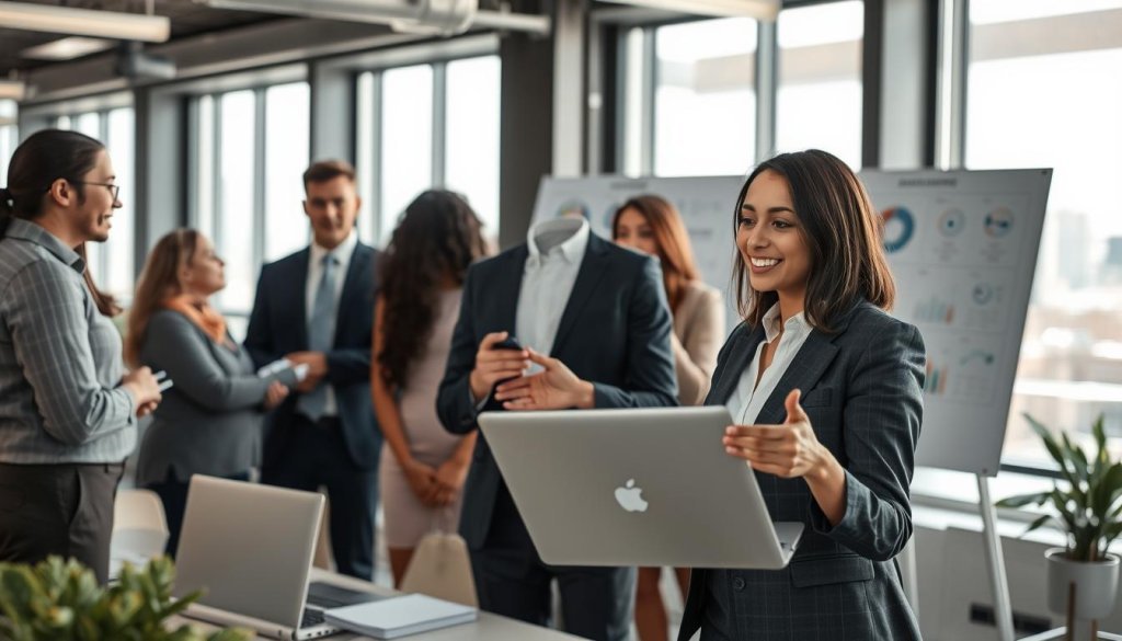 A modern office space bustling with activity, where a diverse team of professionals is engaged in sales development discussions and strategy planning. In the foreground, a confident businesswoman in a tailored suit is eagerly presenting data on a laptop to her colleagues, who are attentively listening and taking notes. The middle ground features a large whiteboard filled with charts and key performance indicators. In the background, large windows let in bright, natural light, illuminating the work environment and providing a view of a city skyline. The atmosphere is collaborative and focused, reflecting the importance of teamwork in outsourced sales development. Use soft, warm lighting to create an inviting mood, shot from a slight angle to capture the dynamic interactions. A modern office space bustling with activity, where a diverse team of professionals is engaged in sales development discussions and strategy planning. In the foreground, a confident businesswoman in a tailored suit is eagerly presenting data on a laptop to her colleagues, who are attentively listening and taking notes. The middle ground features a large whiteboard filled with charts and key performance indicators. In the background, large windows let in bright, natural light, illuminating the work environment and providing a view of a city skyline. The atmosphere is collaborative and focused, reflecting the importance of teamwork in outsourced sales development. Use soft, warm lighting to create an inviting mood, shot from a slight angle to capture the dynamic interactions.