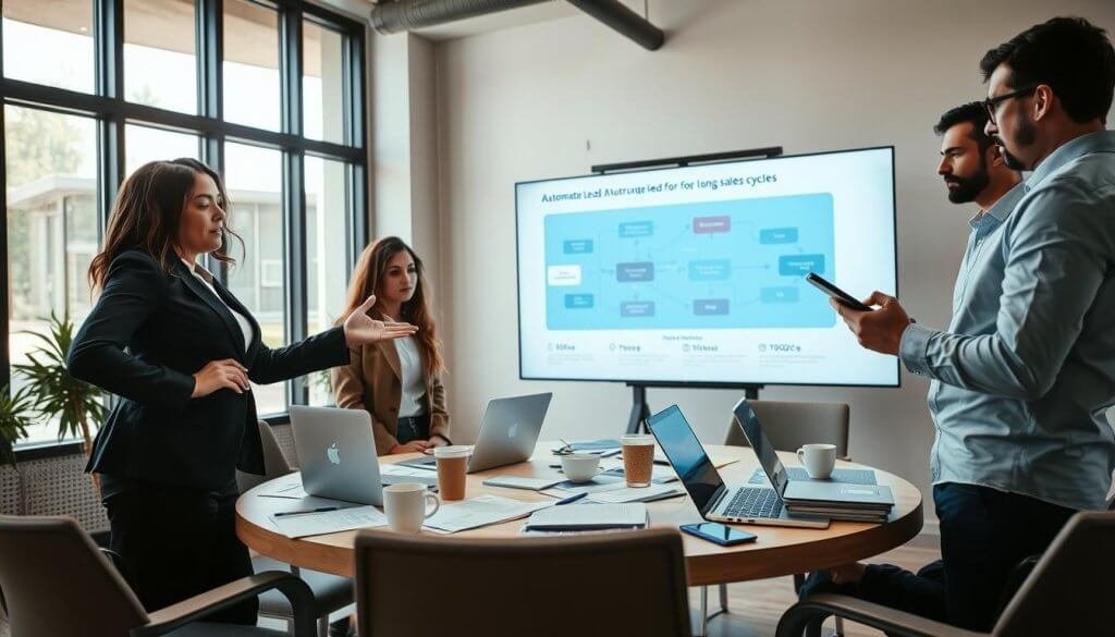 A modern office space featuring a diverse group of professionals engaged in a strategy meeting about automating lead nurturing for long sales cycles. In the foreground, a confident woman in a smart business suit gestures towards a large digital screen displaying a flowchart with automated processes. To her right, a man in a crisp shirt takes notes on a tablet. In the middle ground, a round table cluttered with laptops, coffee cups, and documents emphasizes a collaborative environment. The background reveals large windows with natural light streaming in, casting a warm ambiance over the scene. The overall mood is focused and innovative, ideal for illustrating the complexities of vertical SaaS lead generation. The perspective is slightly low-angle, enhancing the participants' engagement. The lighting is bright yet soft, creating an inviting atmosphere.