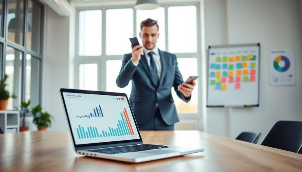 A modern office space featuring a sleek desk with a laptop open, displaying charts and graphs representing qualified leads. In the foreground, a professional-looking entrepreneur in a tailored suit is engaged in a video call on their smartphone, exuding confidence and focus. The middle layer shows a bright, airy room with large windows allowing natural sunlight to flood the space, creating a warm and productive atmosphere. In the background, a whiteboard filled with colorful sticky notes and a calendar highlighting scheduled calls emphasizes organization and clarity. Soft lighting enhances the professional mood, while a shallow depth of field focuses on the entrepreneur, subtly blurring the background details. The overall atmosphere is energetic and optimistic, reflecting successful outcomes in virtual sales development. A modern office space featuring a sleek desk with a laptop open, displaying charts and graphs representing qualified leads. In the foreground, a professional-looking entrepreneur in a tailored suit is engaged in a video call on their smartphone, exuding confidence and focus. The middle layer shows a bright, airy room with large windows allowing natural sunlight to flood the space, creating a warm and productive atmosphere. In the background, a whiteboard filled with colorful sticky notes and a calendar highlighting scheduled calls emphasizes organization and clarity. Soft lighting enhances the professional mood, while a shallow depth of field focuses on the entrepreneur, subtly blurring the background details. The overall atmosphere is energetic and optimistic, reflecting successful outcomes in virtual sales development.