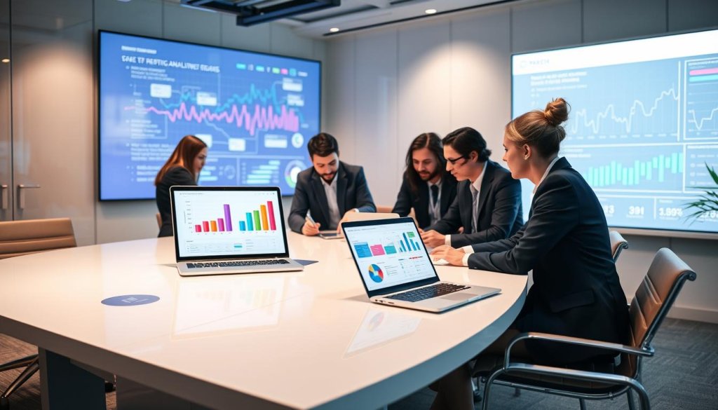 A modern office space focused on reporting analytics, featuring a large, sleek conference table with a high-tech laptop displaying colorful graphs and interactive dashboards. In the foreground, a diverse group of professionals in business attire are collaborating, analyzing data on their devices. Soft, diffused lighting illuminates the room, creating a welcoming atmosphere. In the background, a digital screen displays a big data visualization with data points and statistics. The overall mood is focused and dynamic, emphasizing transparency and clarity in reporting. The composition should be wide-angle to capture the collaborative environment while maintaining an emphasis on the technological elements of analytics.