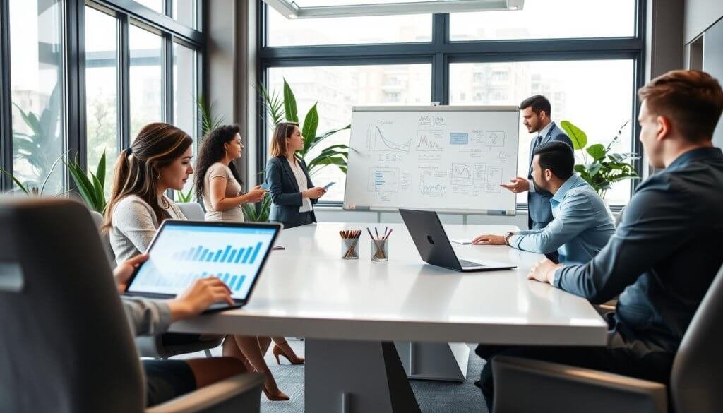 A modern office space with a focus on lead generation, featuring a diverse group of professionals engaged in a brainstorming session around a sleek conference table. In the foreground, a woman in business attire analyzing data on a tablet, with a laptop open and charts displayed on the screen. In the middle, two team members discussing strategies, one gesturing towards a whiteboard filled with graphs and flowcharts, while a man takes notes. The background showcases large windows letting in natural light, creating an upbeat atmosphere. The room has a clean, minimalist design with plants adding a touch of greenery. The mood is collaborative and innovative, portraying a high-energy environment for a high-ACV team building their pipeline efficiently. Soft, diffused lighting emphasizes focus on the team dynamics.