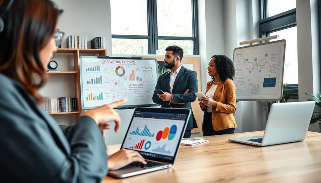 A modern office workspace featuring a diverse team of professionals engaged in a discussion about lead generation strategies. In the foreground, a woman in a business suit points towards a laptop screen displaying colorful charts and data analytics, emphasizing teamwork and collaboration. In the middle, two colleagues, one male and one female, are brainstorming ideas on a whiteboard filled with notes and diagrams, illustrating the pitfalls of outsourcing lead generation. The background includes shelves with marketing books and a large window letting in natural light, creating a bright and inviting atmosphere. The overall mood is focused and productive, with soft lighting that enhances the professionalism of the scene. A modern office workspace featuring a diverse team of professionals engaged in a discussion about lead generation strategies. In the foreground, a woman in a business suit points towards a laptop screen displaying colorful charts and data analytics, emphasizing teamwork and collaboration. In the middle, two colleagues, one male and one female, are brainstorming ideas on a whiteboard filled with notes and diagrams, illustrating the pitfalls of outsourcing lead generation. The background includes shelves with marketing books and a large window letting in natural light, creating a bright and inviting atmosphere. The overall mood is focused and productive, with soft lighting that enhances the professionalism of the scene.