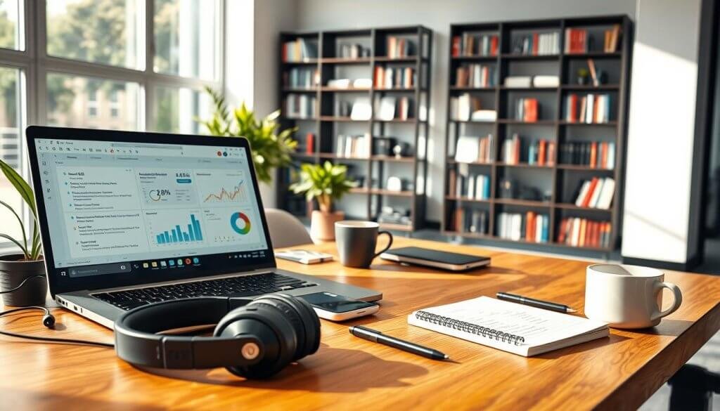 A modern office workspace featuring an array of sales development tools neatly organized on a stylish wooden desk. In the foreground, a sleek laptop displays analytical dashboards and communication tools, while a smartphone shows notifications. Scattered around are high-quality headphones, a notepad with handwritten notes, and a coffee cup, conveying a productive atmosphere. In the middle ground, a bright, spacious office with large windows allowing natural light to flood in, accentuating the vibrant mood. Soft shadows create depth, and a touch of greenery from a nearby plant adds a refreshing contrast. The background reveals a stylish bookshelf filled with professional development books, reinforcing the theme of structured systems for success. Overall, the image reflects a dynamic, efficient sales development environment. A modern office workspace featuring an array of sales development tools neatly organized on a stylish wooden desk. In the foreground, a sleek laptop displays analytical dashboards and communication tools, while a smartphone shows notifications. Scattered around are high-quality headphones, a notepad with handwritten notes, and a coffee cup, conveying a productive atmosphere. In the middle ground, a bright, spacious office with large windows allowing natural light to flood in, accentuating the vibrant mood. Soft shadows create depth, and a touch of greenery from a nearby plant adds a refreshing contrast. The background reveals a stylish bookshelf filled with professional development books, reinforcing the theme of structured systems for success. Overall, the image reflects a dynamic, efficient sales development environment.