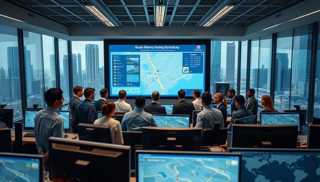 A modern urban logistics control room filled with advanced technology showcasing routing and inventory efficiency. In the foreground, a diverse team of professionals in business attire collaborates over a large digital screen displaying real-time inventory data and optimized delivery routes. The middle ground features sleek computer stations with multiple monitors, showcasing maps with pinpointed locations and delivery timelines. In the background, a large window reveals a bustling cityscape, hinting at the operations outside. Soft, focused lighting illuminates the space, creating a dynamic yet professional atmosphere. Capture the scene from a slightly elevated angle to emphasize the teamwork and technology at play. The mood is energetic and efficient, ideal for conveying innovation in field service operations.
