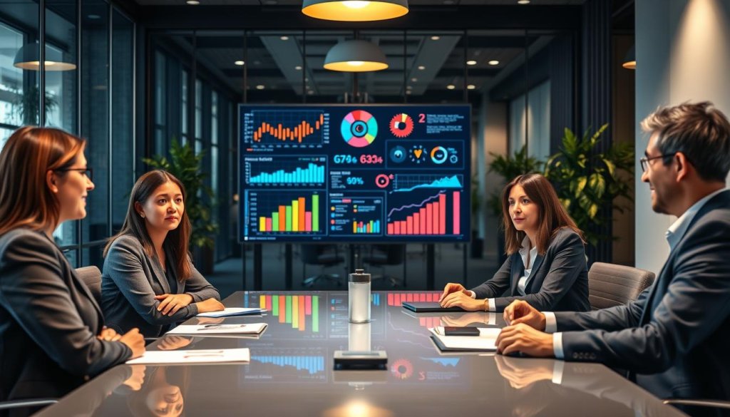 A professional business environment showcasing the concept of "data quality lead generation." In the foreground, a diverse group of business professionals — two women and one man — engaged in a focused discussion around a sleek, modern conference table, all dressed in smart business attire. In the middle ground, a large digital screen displays colorful graphs, charts, and data analytics, representing data quality metrics and targeting precision. The background features a contemporary office space with glass walls, greenery, and soft lighting, creating an inviting yet serious atmosphere. Consider using a slightly elevated angle to capture the group’s engagement while emphasizing the vibrant data visuals, highlighting the importance of data integrity in lead generation strategies.