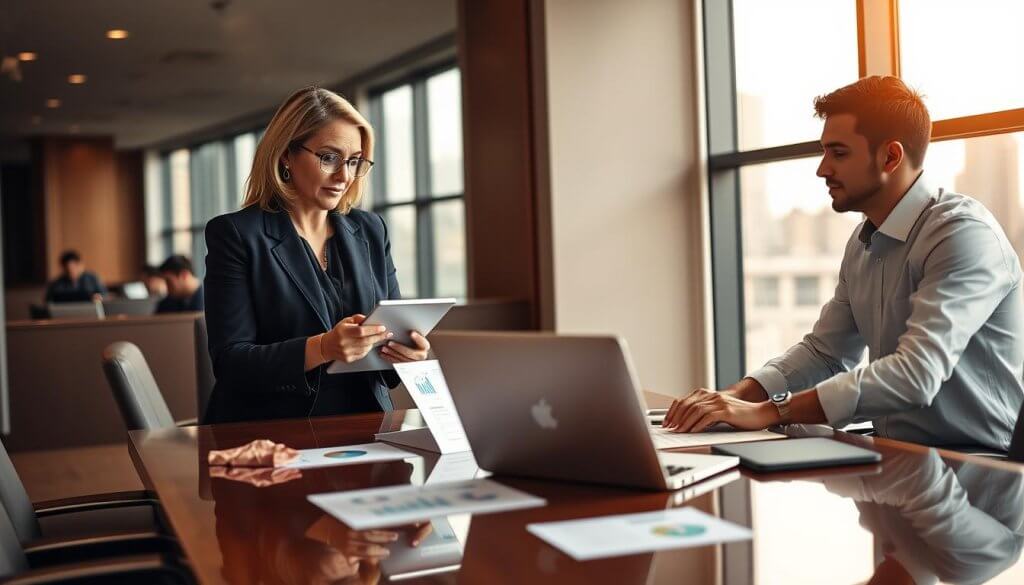 A professional business meeting in an elegant office setting. In the foreground, two individuals engaged in a focused discussion: a middle-aged woman in a tailored navy blazer and a young man in a crisp white shirt with rolled-up sleeves, both looking intently at a digital tablet. In the middle, a polished conference table with strategic reports and a laptop open, displaying graphs and data. The background features a large window with city skyline views, bathed in warm natural light, creating an inviting atmosphere. Use a shallow depth of field to keep the focus on the individuals and table while softly blurring the background. The mood is collaborative and innovative, emphasizing the essence of productive, sales-ready conversations. A professional business meeting in an elegant office setting. In the foreground, two individuals engaged in a focused discussion: a middle-aged woman in a tailored navy blazer and a young man in a crisp white shirt with rolled-up sleeves, both looking intently at a digital tablet. In the middle, a polished conference table with strategic reports and a laptop open, displaying graphs and data. The background features a large window with city skyline views, bathed in warm natural light, creating an inviting atmosphere. Use a shallow depth of field to keep the focus on the individuals and table while softly blurring the background. The mood is collaborative and innovative, emphasizing the essence of productive, sales-ready conversations.