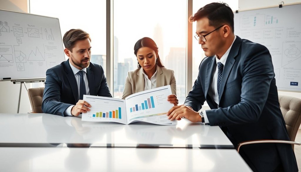 A professional business meeting scene illustrating "Aligning Interests Through Revenue Sharing." In the foreground, a diverse group of three professionals, a Caucasian man, a Black woman, and an Asian man, are engaged in a focused discussion around a sleek conference table. They are dressed in smart business attire and reviewing a report featuring charts and graphs on revenue sharing. In the middle, a large window offers a view of a modern cityscape bathed in soft morning light, creating an uplifting atmosphere. The background features a whiteboard covered in strategic notes and diagrams, suggesting collaboration and planning. The scene is well-lit, with natural light enhancing the professional tone. Capture a sense of teamwork, unity, and proactive engagement in the image.