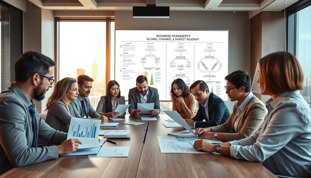 A professional business meeting scene in a modern office setting, showcasing diverse individuals, both men and women, in professional attire, engaging in a strategic discussion around a large conference table. In the foreground, a group of professionals is examining charts and reports, analyzing partner capabilities and market readiness. The middle ground features a large window with a city skyline, letting in warm, natural light, enhancing the atmosphere of collaboration and focus. In the background, a whiteboard displays diagrams and strategies related to global channel partnerships. The overall mood is serious yet optimistic, highlighting the importance of assessment and teamwork in international business expansion. The perspective should be slightly elevated, providing a comprehensive view of the interaction.