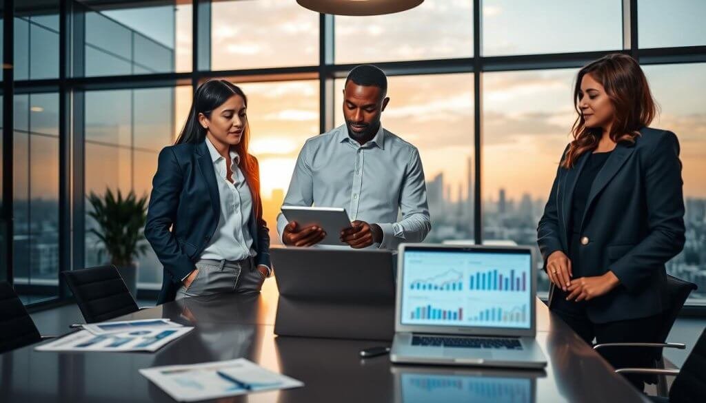 A professional business meeting scene in an upscale office. In the foreground, a diverse group of three customers, a woman of Asian descent in a tailored navy suit, a Black man wearing a crisp white shirt and khakis, and a Hispanic woman in a smart blazer, are engaged in discussion, analyzing a digital tablet with focused expressions. The middle ground features a sleek conference table with papers and a laptop showcasing graphs and data, indicative of structured systems. The background reveals large windows with a panoramic view of a city skyline during golden hour, casting warm, soft lighting across the room, creating an atmosphere of collaboration and optimism. The shot is taken from a slightly elevated angle to capture the dynamics of the meeting. A professional business meeting scene in an upscale office. In the foreground, a diverse group of three customers, a woman of Asian descent in a tailored navy suit, a Black man wearing a crisp white shirt and khakis, and a Hispanic woman in a smart blazer, are engaged in discussion, analyzing a digital tablet with focused expressions. The middle ground features a sleek conference table with papers and a laptop showcasing graphs and data, indicative of structured systems. The background reveals large windows with a panoramic view of a city skyline during golden hour, casting warm, soft lighting across the room, creating an atmosphere of collaboration and optimism. The shot is taken from a slightly elevated angle to capture the dynamics of the meeting.