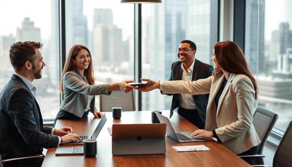 A professional business meeting scene set in a modern office environment, featuring two individuals in business attire engaging in a handoff process. In the foreground, an SDR (Sales Development Representative) is handing over a document or device to an Account Executive, both displaying expressions of collaboration and focus. In the middle ground, a sleek conference table with laptops, notepads, and coffee mugs signifies a productive atmosphere. The background showcases large windows with cityscape views, allowing natural light to flood the room, creating a warm and inviting ambiance. The composition is captured with a slight angle to emphasize the interaction, using soft, diffused lighting to enhance the professional setting while maintaining a welcoming mood.