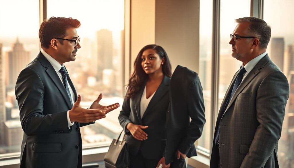 A professional business meeting scene set in a modern, well-lit conference room. In the foreground, a diverse group of three business professionals – one founder and two sales representatives – engaged in a focused conversation, showcasing a dynamic exchange of ideas. The founder, a middle-aged South Asian man in a sharp suit, gestures expressively while explaining a strategic point. The sales representatives, a young Black woman and a middle-aged Caucasian man, both dressed in professional attire, lean in attentively, displaying a sense of eagerness and readiness. In the background, a large window reveals a bustling city skyline, with the warm afternoon light softly illuminating the space, creating a collaborative and energetic atmosphere. The camera angle is slightly above eye level, capturing the intensity of the conversation and the professionalism of the setting.