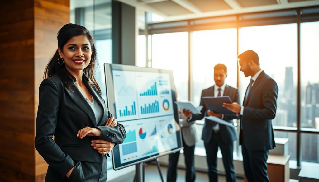 A professional business meeting scene showcasing a diverse group of people discussing market strategy. In the foreground, a confident South Asian woman in smart business attire stands beside a digital presentation board displaying graphs and charts. The middle ground features three engaged colleagues, one of whom is a Black man in a tailored suit, analyzing documents and exchanging ideas. The background depicts a modern office with large windows letting in natural light, creating a bright, optimistic atmosphere. The overall composition is dynamic, with a shallow depth of field to emphasize the individuals while the city skyline is softly blurred in the distance, representing global aspirations. The lighting is warm and inviting, promoting a sense of collaboration and innovation. A professional business meeting scene showcasing a diverse group of people discussing market strategy. In the foreground, a confident South Asian woman in smart business attire stands beside a digital presentation board displaying graphs and charts. The middle ground features three engaged colleagues, one of whom is a Black man in a tailored suit, analyzing documents and exchanging ideas. The background depicts a modern office with large windows letting in natural light, creating a bright, optimistic atmosphere. The overall composition is dynamic, with a shallow depth of field to emphasize the individuals while the city skyline is softly blurred in the distance, representing global aspirations. The lighting is warm and inviting, promoting a sense of collaboration and innovation.