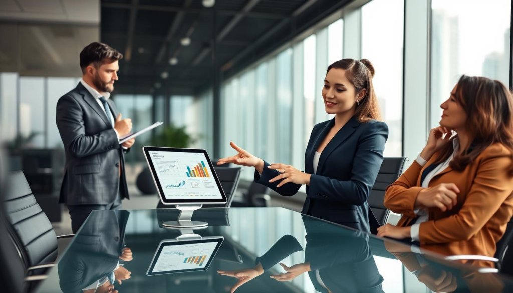 A professional business meeting set in a modern conference room, with a diverse group of three individuals engaged in discussion. The foreground features a confident woman in a tailored navy suit, gesturing towards a digital tablet displaying graphs and charts; she has a focused look on her face. To her left, a man in a sharp gray suit nods, taking notes, while another woman in business casual attire observes thoughtfully, leaning slightly forward. The middle ground shows a sleek glass table surrounded by ergonomic chairs. The background is softly blurred with large windows offering a cityscape view, filled with soft natural light. The atmosphere is collaborative and focused, emphasizing the importance of strategic partnerships for growth.