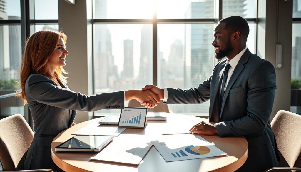 A professional business meeting setting in a modern office environment. In the foreground, two diverse professionals, a Caucasian woman and a Black man, shake hands confidently, both dressed in crisp suits, symbolizing a successful partnership. In the middle ground, a round table with digital presentation devices and documents showing growth charts and partnership graphs, indicating beneficial outcomes. Bright, natural lighting streams through large windows, casting soft shadows, enhancing the atmosphere of collaboration and opportunity. In the background, urban skyscrapers can be seen through the window, hinting at the business growth that lies ahead. The overall mood is optimistic and professional, emphasizing the idea of mutual benefit in a B2B partnership.