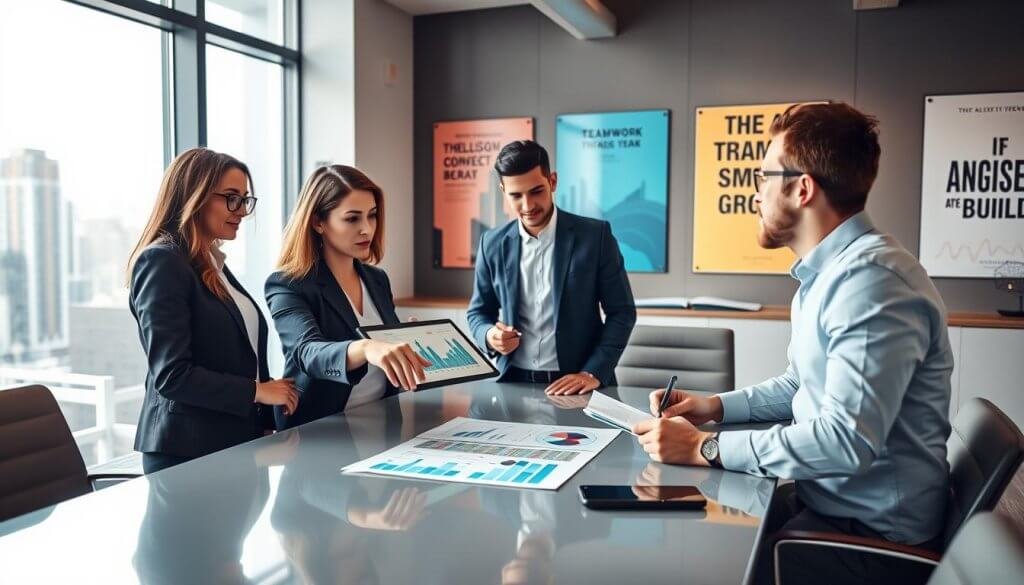 A professional business meeting setting in a modern office space, featuring a diverse group of four individuals gathered around a sleek conference table. In the foreground, a middle-aged woman in business attire is pointing at digital graphs on a tablet, while a young man in a smart casual outfit takes notes. The middle ground showcases a large window with natural light streaming in, revealing a city skyline. In the background, motivational posters about teamwork and growth are displayed on the walls. The mood is collaborative and focused, emphasizing readiness and partnership. Soft, diffused lighting creates an inviting atmosphere, captured with a slight camera tilt for dynamism, at a medium focal length to highlight the subjects and their interaction.
