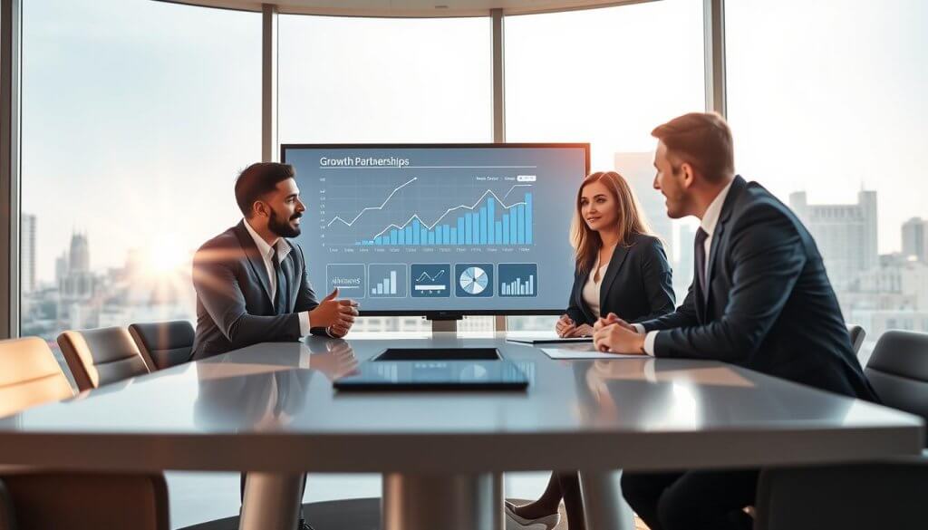 A professional business meeting setting in an upscale conference room. In the foreground, a diverse group of four business professionals—two men and two women—are engaged in a discussion around a sleek, modern conference table. They are dressed in professional business attire, displaying expressions of focus and collaboration. In the middle, a large digital screen displays growth charts and data analytics, symbolizing strategic planning. The background features large windows with a city skyline view, allowing natural light to flood the room, creating a bright and optimistic atmosphere. A subtle lens flare from the sunlight adds an inspiring touch, suggesting the potential of growth partnerships. The overall mood is energetic and collaborative, reflecting the importance of identifying external growth needs. A professional business meeting setting in an upscale conference room. In the foreground, a diverse group of four business professionals—two men and two women—are engaged in a discussion around a sleek, modern conference table. They are dressed in professional business attire, displaying expressions of focus and collaboration. In the middle, a large digital screen displays growth charts and data analytics, symbolizing strategic planning. The background features large windows with a city skyline view, allowing natural light to flood the room, creating a bright and optimistic atmosphere. A subtle lens flare from the sunlight adds an inspiring touch, suggesting the potential of growth partnerships. The overall mood is energetic and collaborative, reflecting the importance of identifying external growth needs.