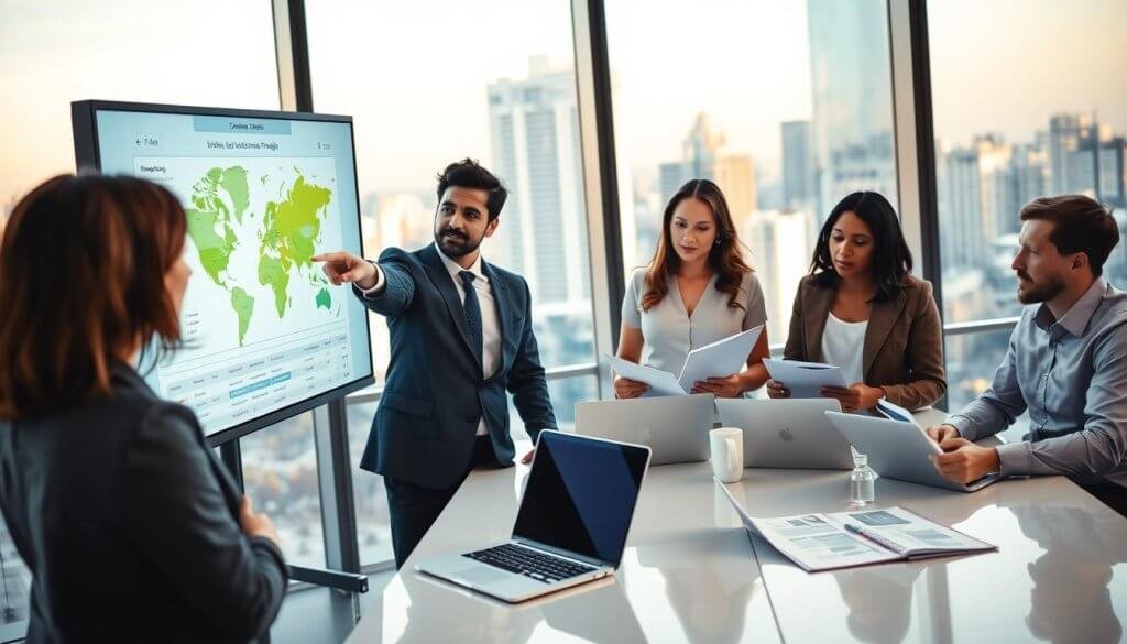 A professional business meeting taking place in a modern office space, focusing on a diverse group of four business professionals engaged in a strategic discussion about defining their ideal customer profile (ICP). In the foreground, one person, a woman in a smart blazer, points to a large digital screen displaying complex data visuals and geographic markers. In the middle ground, a diverse group of three individuals, including a man in a tailored suit, a woman in a chic dress, and a man in smart casual attire, gather around a sleek conference table with laptops and notepads open, examining market analysis reports. The background features large windows with a cityscape view, allowing warm natural light to fill the room. The atmosphere conveys focus, collaboration, and innovation in the context of AI SaaS growth strategies. A professional business meeting taking place in a modern office space, focusing on a diverse group of four business professionals engaged in a strategic discussion about defining their ideal customer profile (ICP). In the foreground, one person, a woman in a smart blazer, points to a large digital screen displaying complex data visuals and geographic markers. In the middle ground, a diverse group of three individuals, including a man in a tailored suit, a woman in a chic dress, and a man in smart casual attire, gather around a sleek conference table with laptops and notepads open, examining market analysis reports. The background features large windows with a cityscape view, allowing warm natural light to fill the room. The atmosphere conveys focus, collaboration, and innovation in the context of AI SaaS growth strategies.