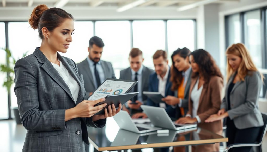 A professional business setting depicting a diverse team engaged in an outreach strategy meeting. In the foreground, a woman in smart business attire is presenting outreach plans on a digital tablet, showing a mix of human interaction and technology. In the middle ground, a group of attentive colleagues, both men and women, dressed in professional attire, are analyzing data on laptops and discussing. The background features a modern office space with large windows letting in natural light, creating a bright and inviting atmosphere. The image captures a sense of collaboration and personal engagement, blending human-led personalization with the efficiency of automation. Soft lighting highlights the expressions of focus and teamwork.