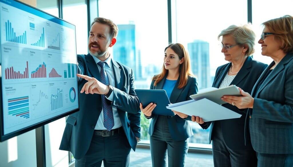 A professional business setting featuring a diverse group of three B2B professionals engaged in a strategic discussion. In the foreground, a middle-aged man in a tailored suit points at a digital screen filled with data graphs and marketing metrics. Next to him, a young woman in business casual attire takes notes on a tablet, while an older woman in a blazer analyzes a folder of documents. The background shows a modern office with a large window revealing a city skyline, bathed in natural light that creates an uplifting atmosphere. The camera angle is slightly elevated, emphasizing the collaborative nature of their conversation, while the color palette consists of blues and greys, conveying professionalism and focus.