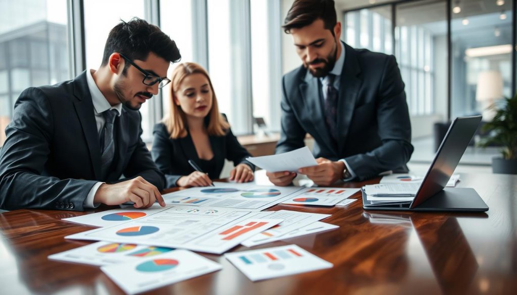 A professional business setting focused on identifying red flags in agency proposals. In the foreground, a diverse group of three businesspeople (two men and one woman) in smart business attire, attentively examining a proposal laid out on a polished wooden table. One man points to a highlighted section, while the woman takes notes. In the middle, scattered documents show pie charts, red flags, and notes indicating potential concerns. The background features a modern office with large windows, allowing soft, natural light to flood the space, creating a thoughtful atmosphere. The lens captures a slight depth of field, emphasizing the group’s engaged expressions while slightly blurring the background. The overall mood is serious yet collaborative, illustrating the critical evaluation of business proposals.