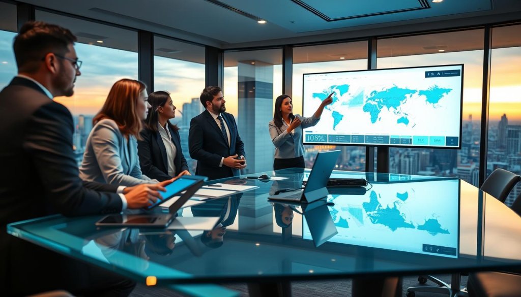 A professional business team engaged in a strategic meeting, brainstorming innovative lead generation tactics for global trade, surrounded by digital maps and data analytics on large screens. In the foreground, a diverse group of professionals in business attire—men and women of various ethnic backgrounds—are discussing ideas, with one person pointing at a graph displaying growth metrics, showcasing enthusiasm. In the middle, sleek glass tables hold high-tech devices and documents. The background features a modern office with panoramic windows offering a view of a bustling cityscape at dusk, with warm, ambient lighting creating an inviting atmosphere. The overall mood is collaborative and innovative, highlighting the dynamic nature of global trade strategies.