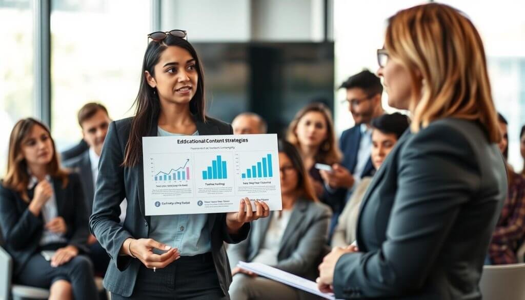 A professional conference setting with a diverse group of businesspeople engaging in a discussion. In the foreground, a confident woman in a sharp business suit presents a visually appealing infographic about educational content strategies, emphasizing graphs and statistics that illustrate trust-building. In the middle ground, engaged participants actively listen and take notes, some nodding in agreement. The background features a modern conference room with large windows allowing soft natural light to filter in, creating an inviting atmosphere. Use a shallow depth of field to focus on the presenter while softly blurring the audience. The overall mood is collaborative and insightful, conveying a sense of professionalism and mutual respect, highlighting the theme of building trust in educational conversations. A professional conference setting with a diverse group of businesspeople engaging in a discussion. In the foreground, a confident woman in a sharp business suit presents a visually appealing infographic about educational content strategies, emphasizing graphs and statistics that illustrate trust-building. In the middle ground, engaged participants actively listen and take notes, some nodding in agreement. The background features a modern conference room with large windows allowing soft natural light to filter in, creating an inviting atmosphere. Use a shallow depth of field to focus on the presenter while softly blurring the audience. The overall mood is collaborative and insightful, conveying a sense of professionalism and mutual respect, highlighting the theme of building trust in educational conversations.