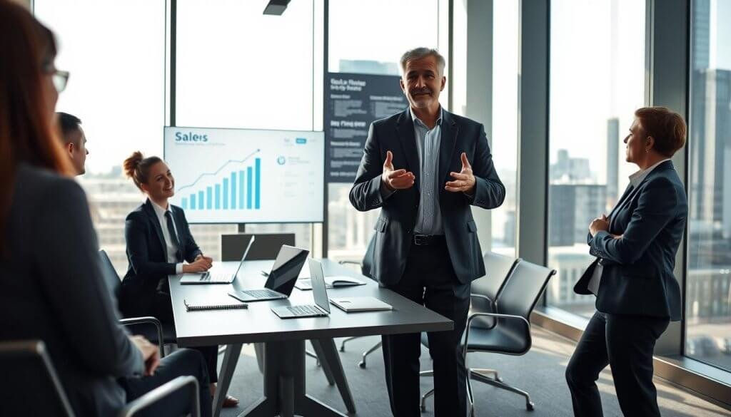 A professional founder engaged in sales discussions, standing confidently in a modern office environment. In the foreground, capture the founder, a middle-aged person in a tailored suit, actively gesturing while speaking to a small group of attentive colleagues dressed in smart casual attire. In the middle ground, there's a sleek conference table with laptops, notebooks, and a digital display showcasing sales metrics, emanating a sense of collaboration and growth. The background features large windows that allow natural light to flood the space, creating a bright atmosphere. A city skyline can be seen beyond the windows, adding depth to the scene. The mood is energetic and focused, emphasizing professionalism and strategic growth, with balanced lighting and a slightly elevated angle to capture the action.